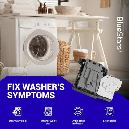 EBF61315802 LG washer door lock switch replacement part shown with laundry room background and troubleshooting icons.