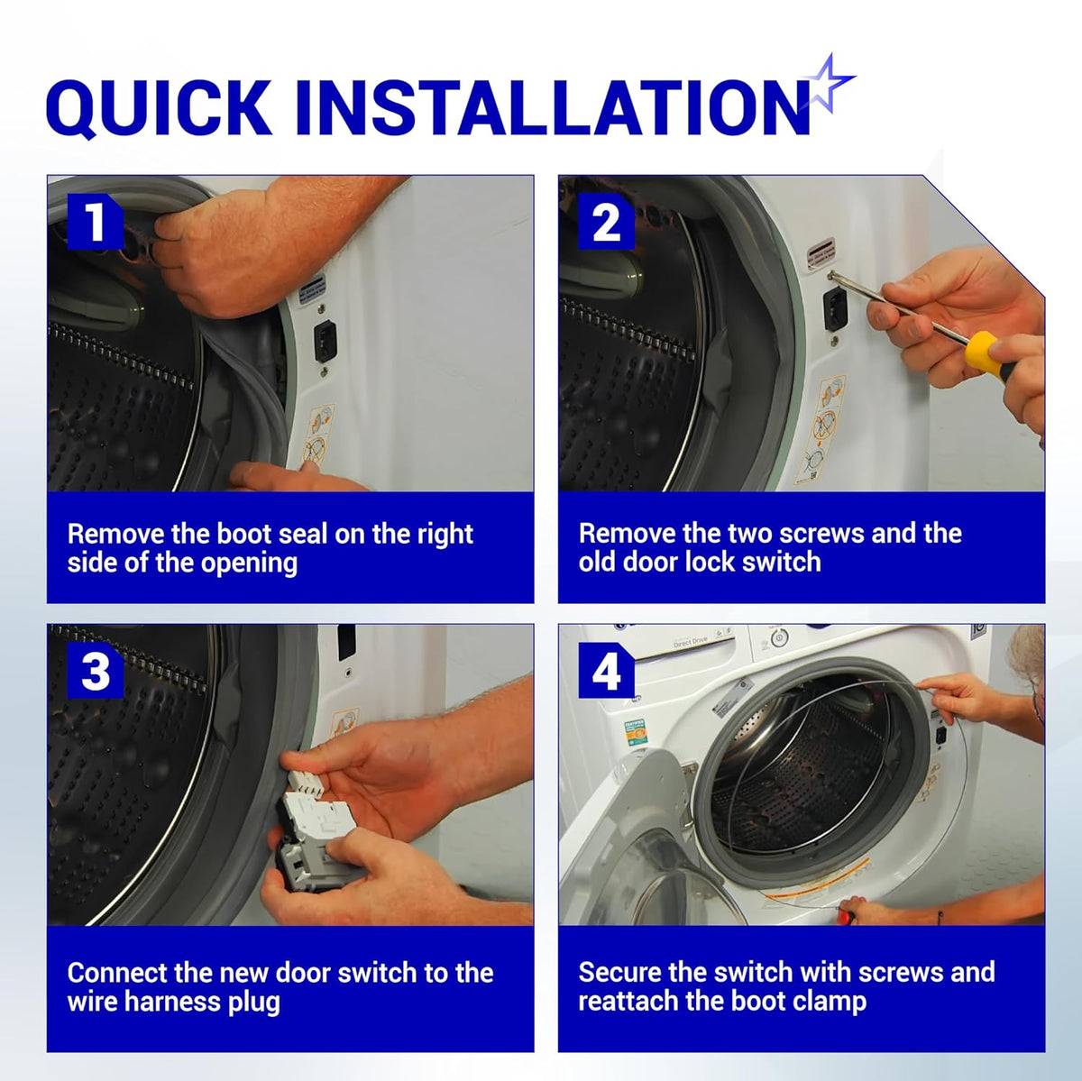Four-step installation guide for replacing an LG and Kenmore front-load washer door lock switch.