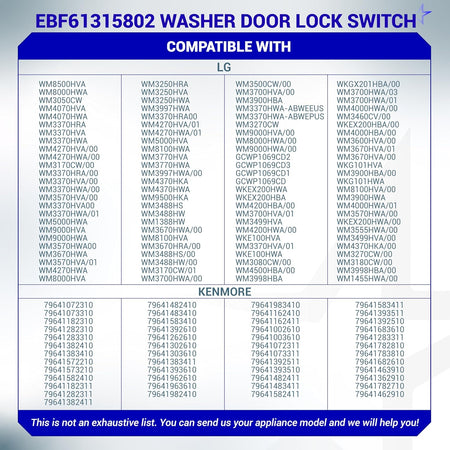 Compatibility chart for EBF61315802 LG and Kenmore washer door lock switch listing supported appliance model numbers.