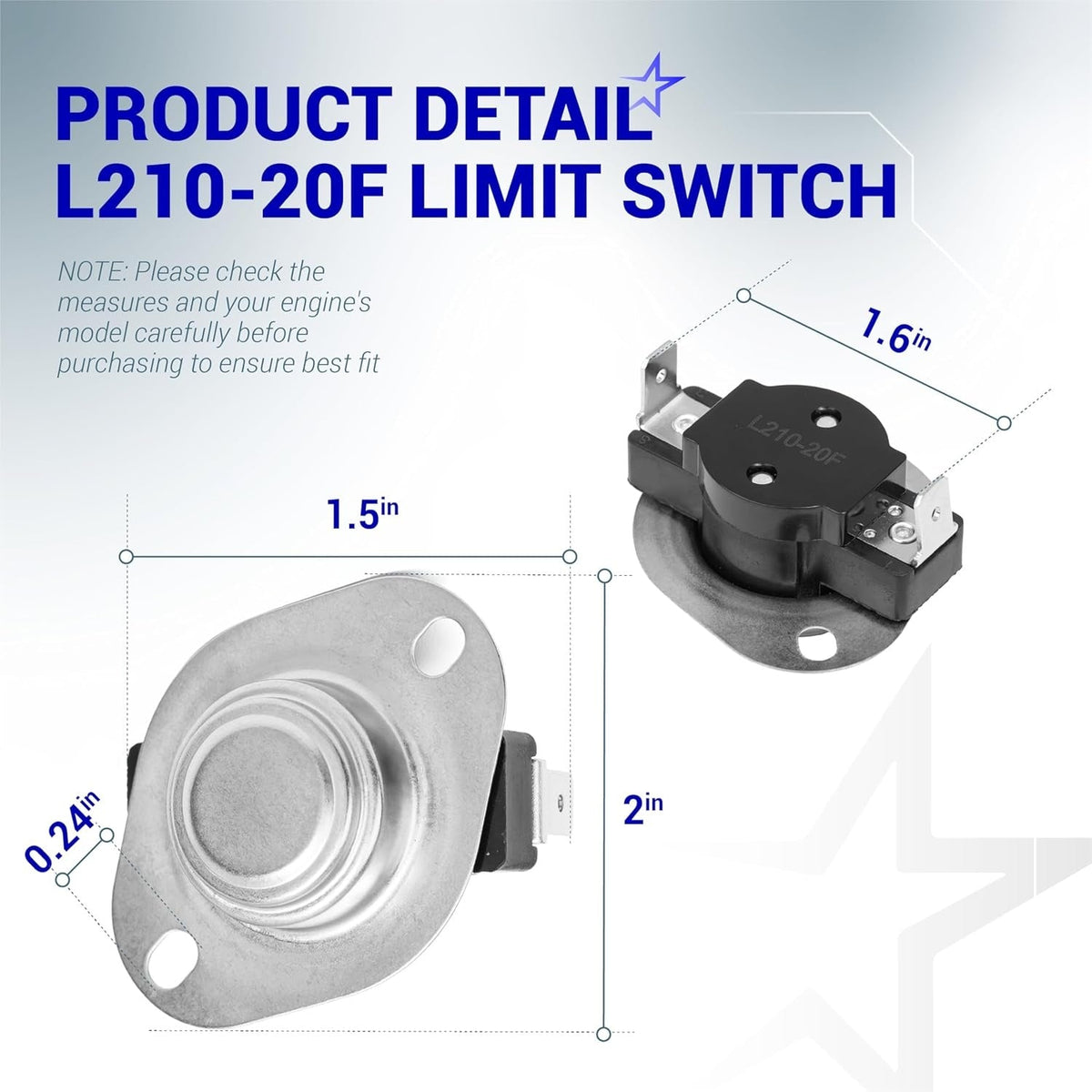 L210-20F furnace primary limit switch showing dimensions and technical specifications.
