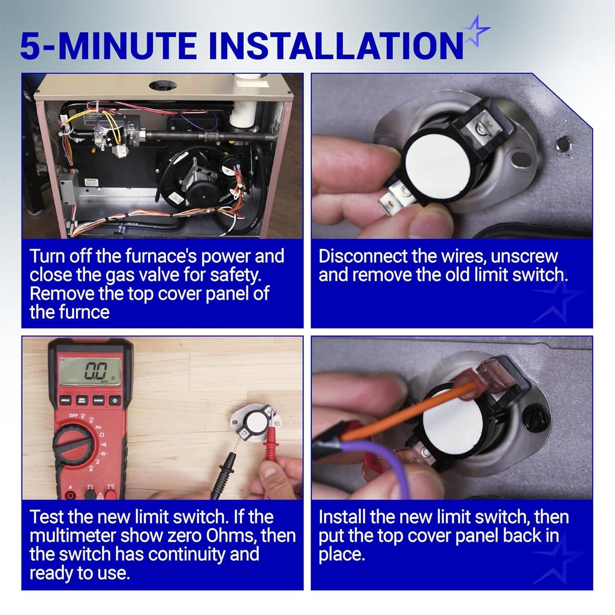 Four-step installation guide for L210-20F furnace primary limit switch showing removal, testing, and replacement.