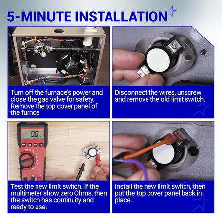 Four-step installation guide for L210-20F furnace primary limit switch showing removal, testing, and replacement.