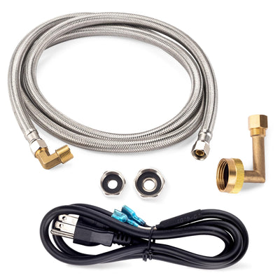 Dishwasher installation kit with 6-foot braided supply line, 3-prong power cord, and brass elbow connectors.