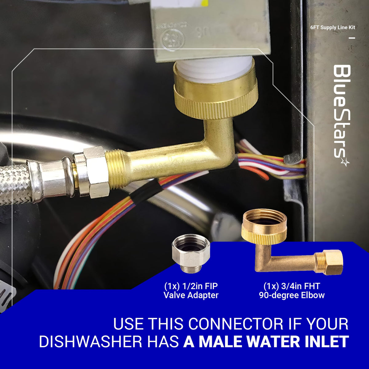 Dishwasher installation kit 90-degree elbow and valve adapter for male water inlet connection.