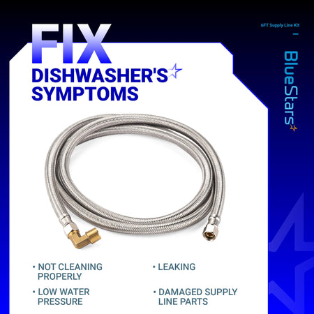 6-foot braided stainless steel dishwasher water supply line with 3/8-inch compression fittings.
