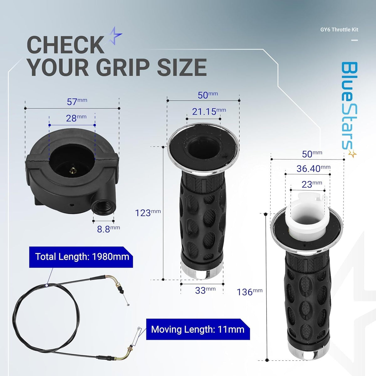 Dimensional diagram of 7/8 inch twist throttle grip and cable kit for GY6 50cc-150cc scooters.