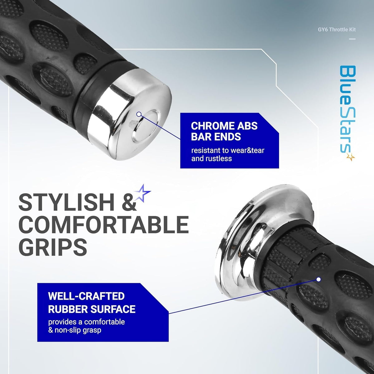 Close-up of 7/8 inch twist grip throttle handles featuring chrome bar ends and non-slip rubber texture for GY6 scooters.