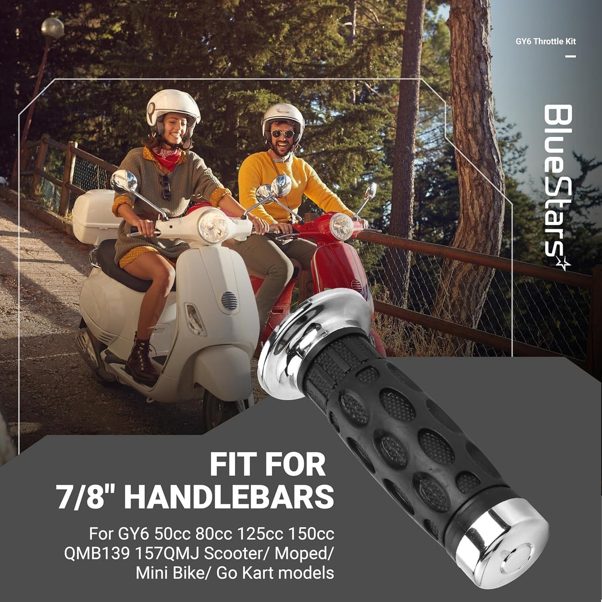 Black rubber twist grip for 7/8 inch handlebars on GY6 50cc-150cc scooters and mopeds.