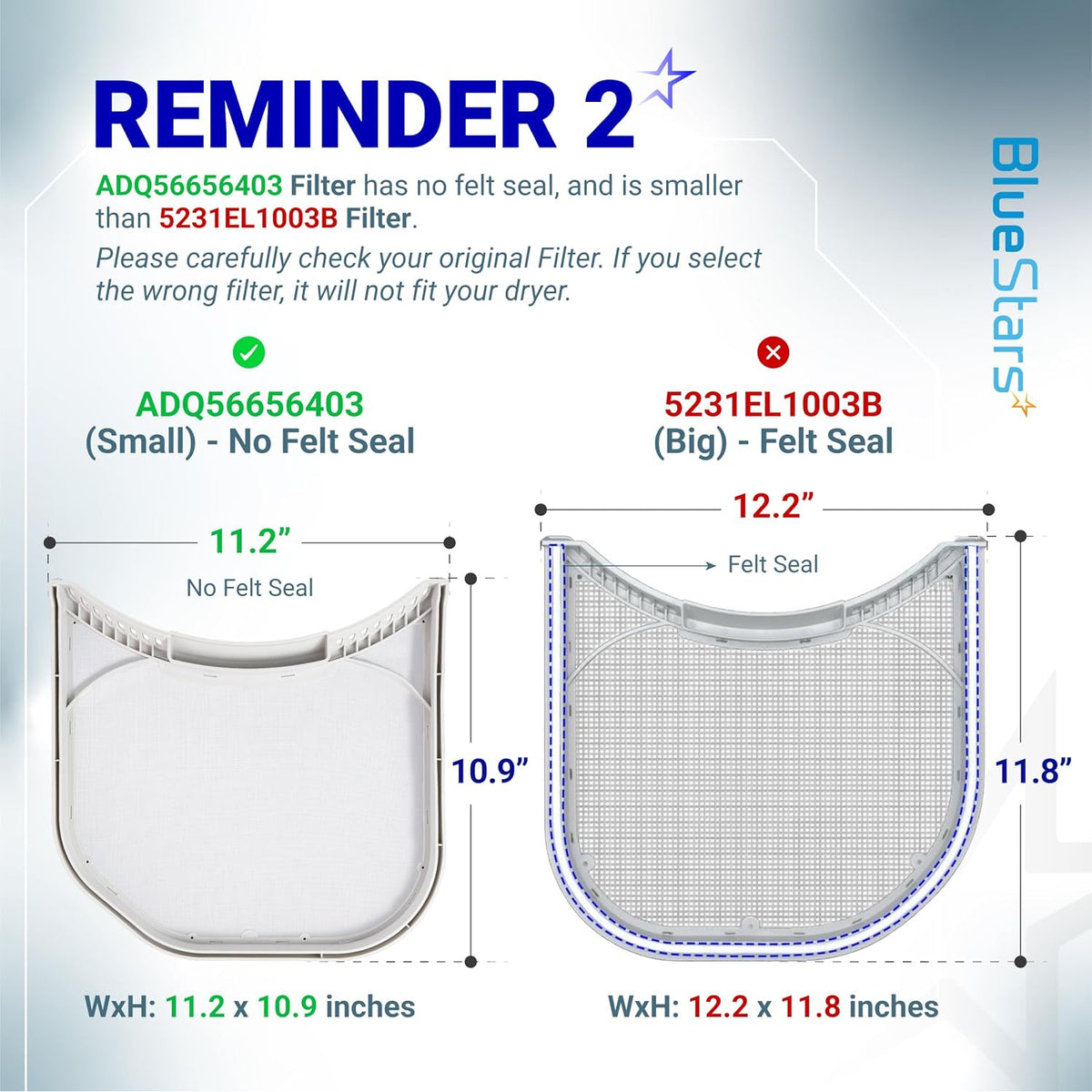 ADQ56656403 lint filter comparison diagram showing 11.2 x 10.9-inch filter beside 5231EL1003 filter