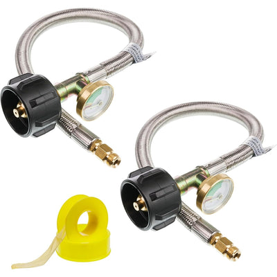 Two 15-inch stainless steel braided RV propane pigtail hoses with QCC1 connectors, pressure gauges, and yellow thread tape.