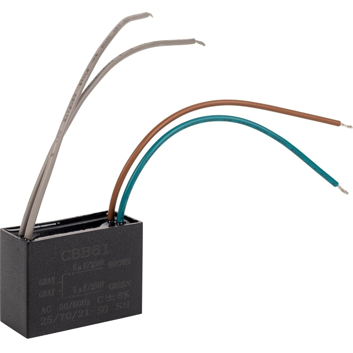CBB61 5uf + 5uf 250V AC ceiling fan capacitor with four colored wires.