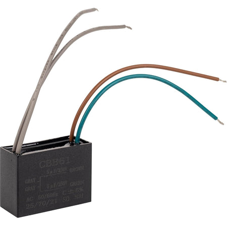 CBB61 5uf + 5uf 250V AC ceiling fan capacitor with four colored wires.