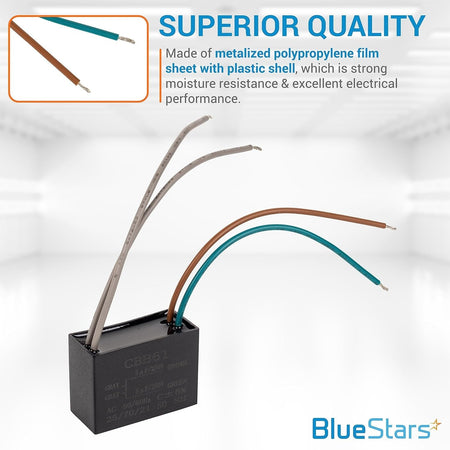 CBB61 5uf + 5uf 4-wire ceiling fan capacitor with gray, brown, and green lead wires and technical specification label.