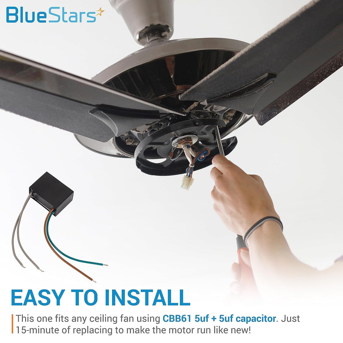 Person installing a CBB61 5uf + 5uf 4-wire ceiling fan capacitor into a fan motor housing.