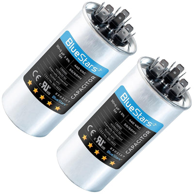 Two 30+5 uF 370/440 VAC round dual run capacitors for condenser and heat pump units.