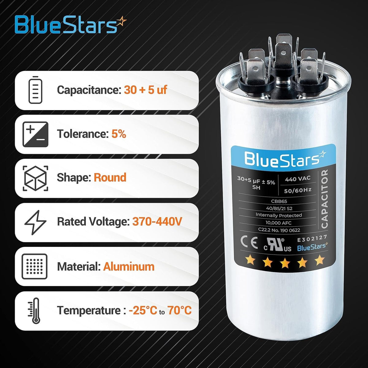 BlueStars 30+5 uF 370/440 VAC round dual run capacitor with technical specifications infographic.