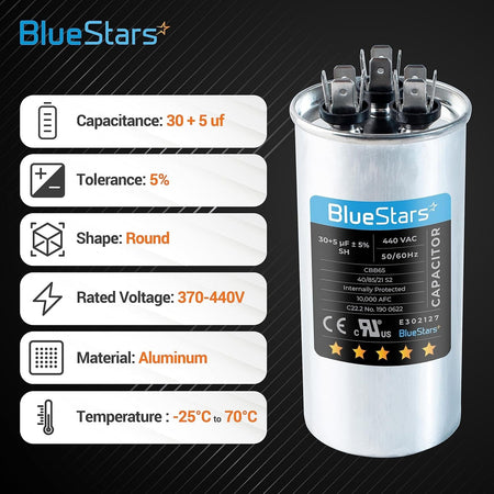 BlueStars 30+5 uF 370/440 VAC round dual run capacitor with technical specifications infographic.