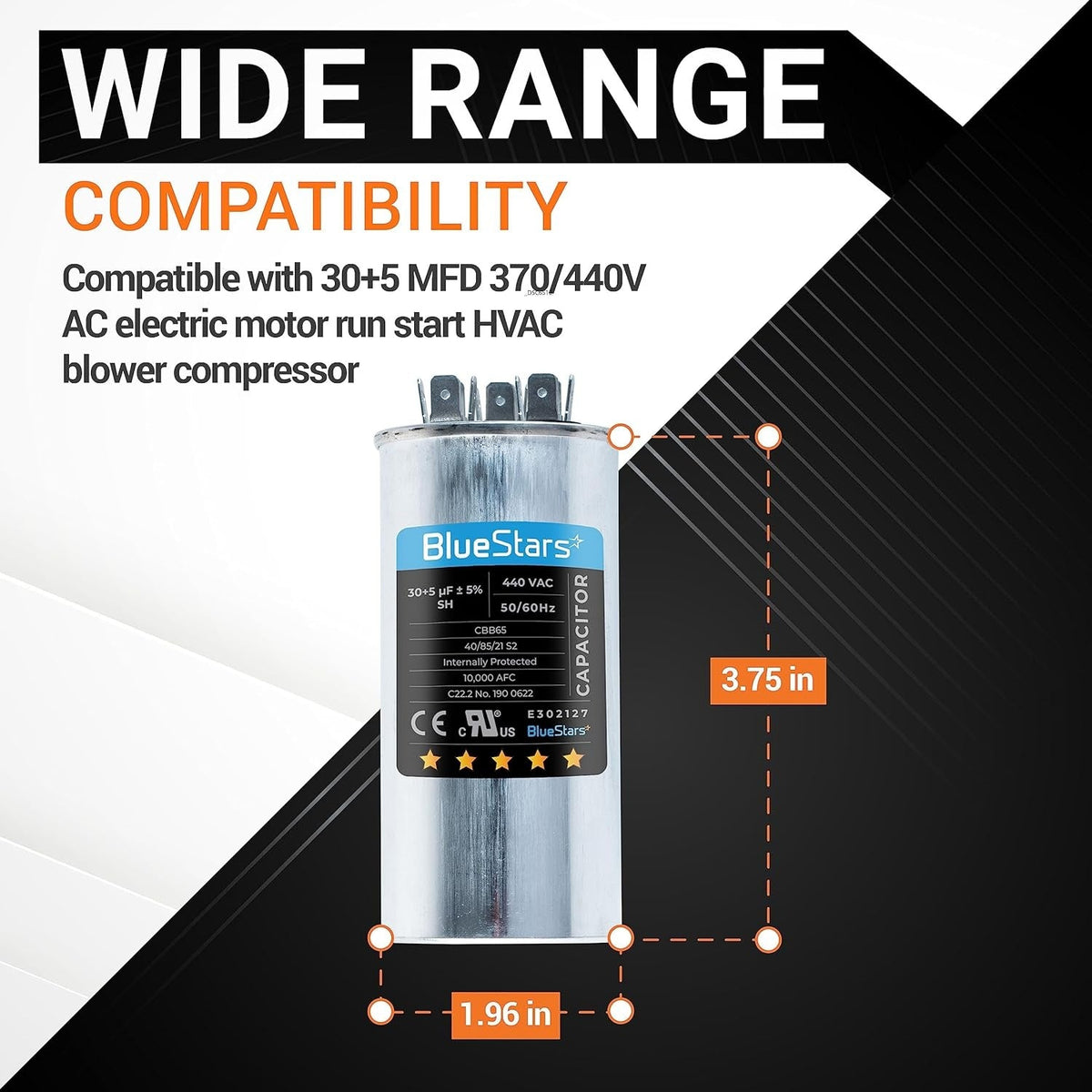 30+5 MFD 370/440 VAC round dual run capacitor with 3.75 inch height and 1.96 inch diameter dimensions.