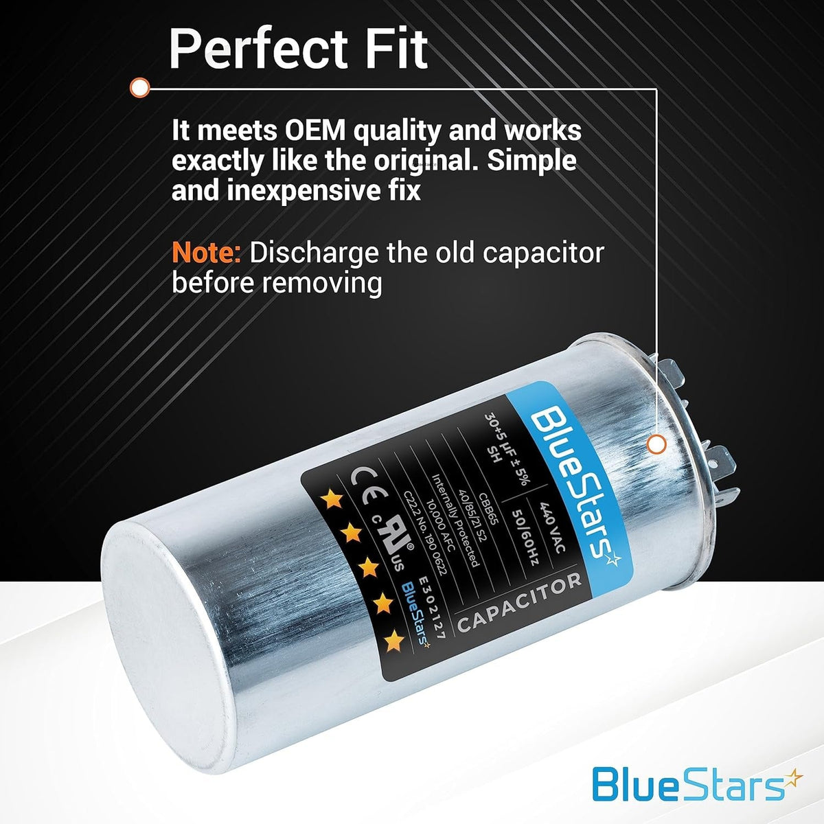 BlueStars 30+5 uF 370/440 VAC round dual run capacitor with technical specifications label.