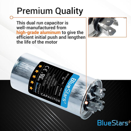 Infographic showing a 30+5 uF 370/440 VAC round dual run capacitor with a close-up of the terminal connectors.
