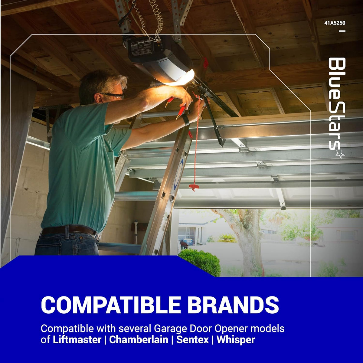 Man installing a garage door opener belt compatible with Liftmaster, Chamberlain, Sentex, and Whisper models.