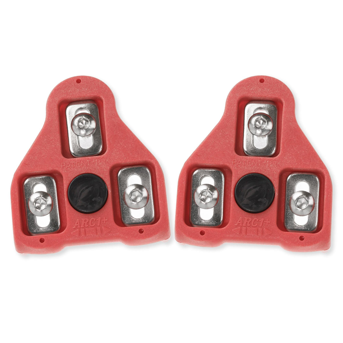 Pair of red 9-degree float bike cleats for Look Delta and Peloton pedals, showing the underside mounting hardware.
