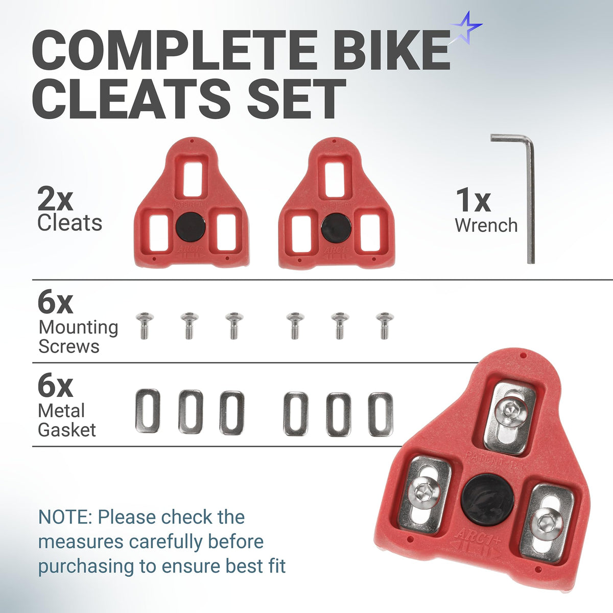 Complete set of 9-degree float bike cleats for Look Delta and Peloton pedals including screws, gaskets, and wrench.