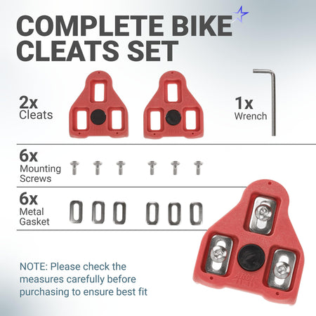 Complete set of 9-degree float bike cleats for Look Delta and Peloton pedals including screws, gaskets, and wrench.