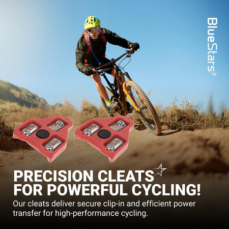 Two red 9-degree float bike cleats for Look Delta and Peloton pedals displayed over a cyclist background.