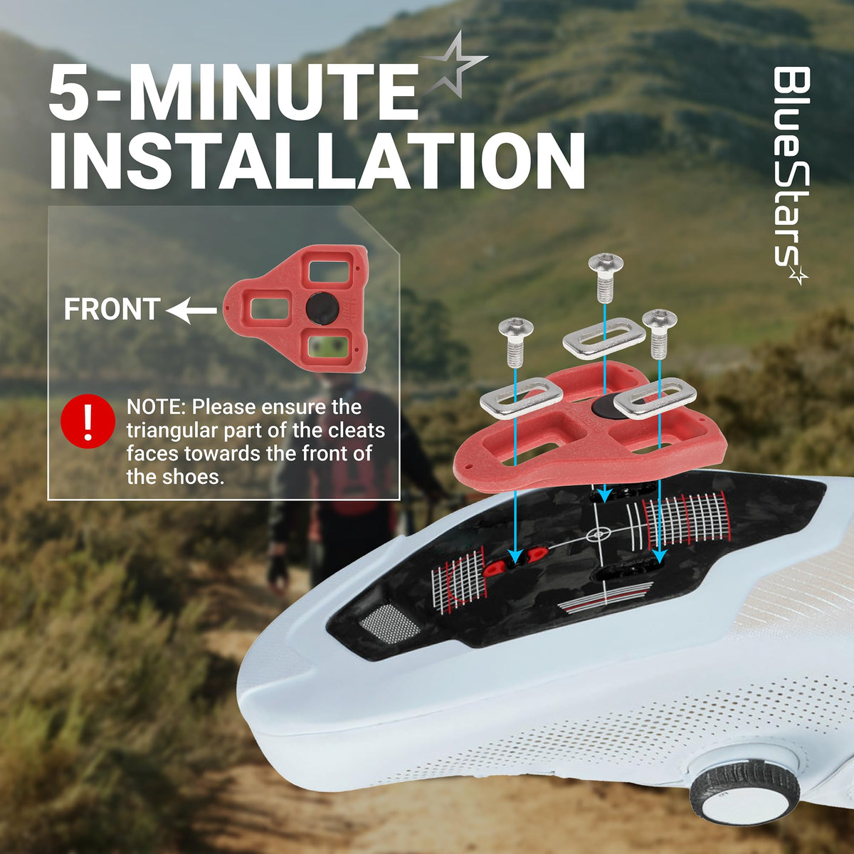 Instructional diagram showing 5-minute installation of Look Delta bike cleats onto a cycling shoe.