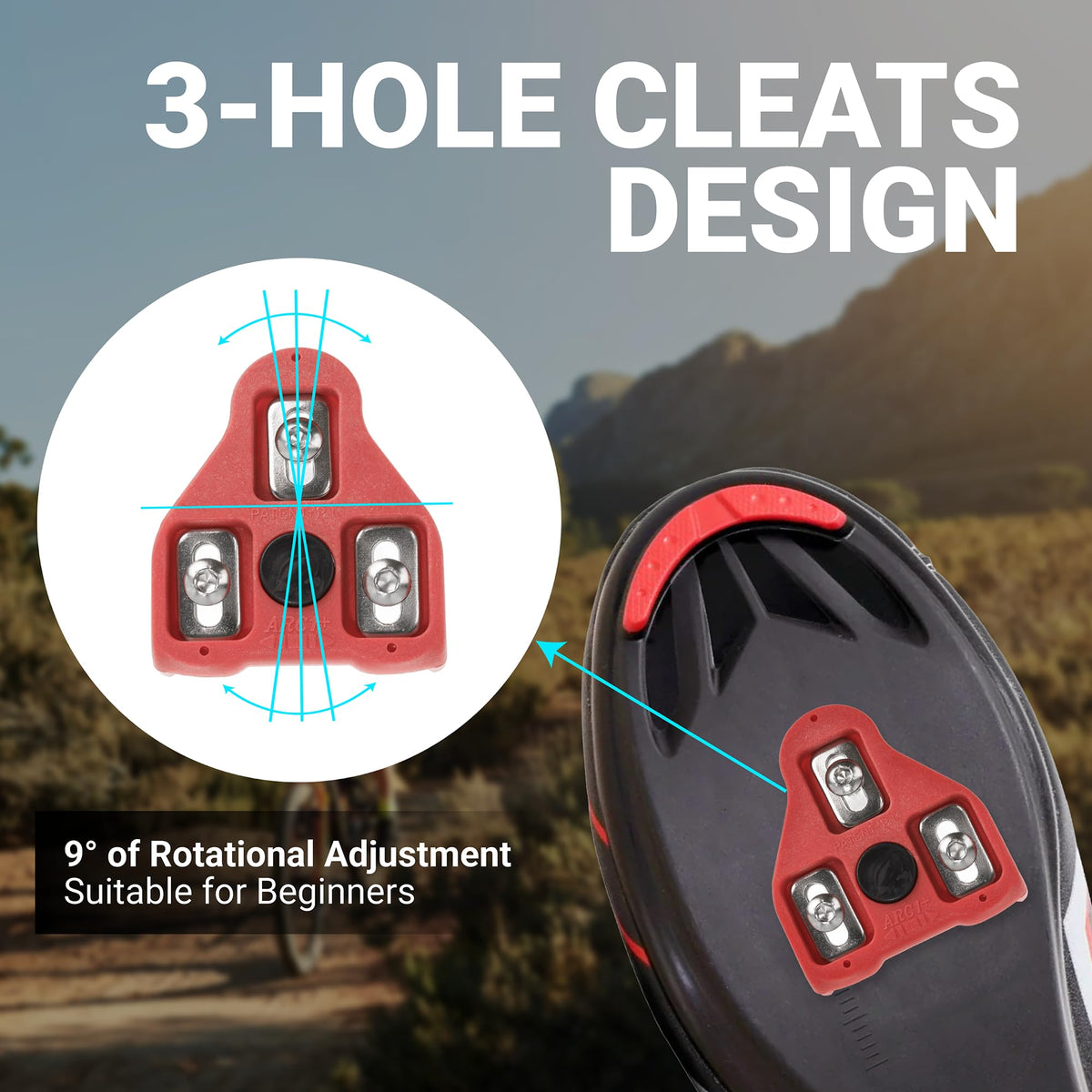 3-hole Look Delta bike cleat showing 9-degree float rotation installed on a cycling shoe.