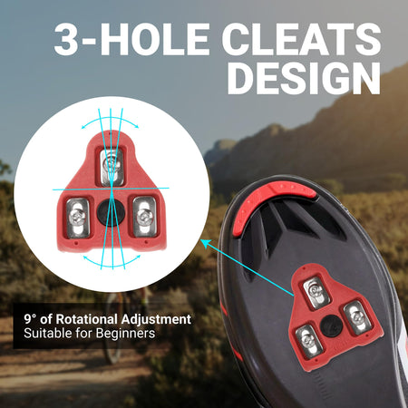 3-hole Look Delta bike cleat showing 9-degree float rotation installed on a cycling shoe.