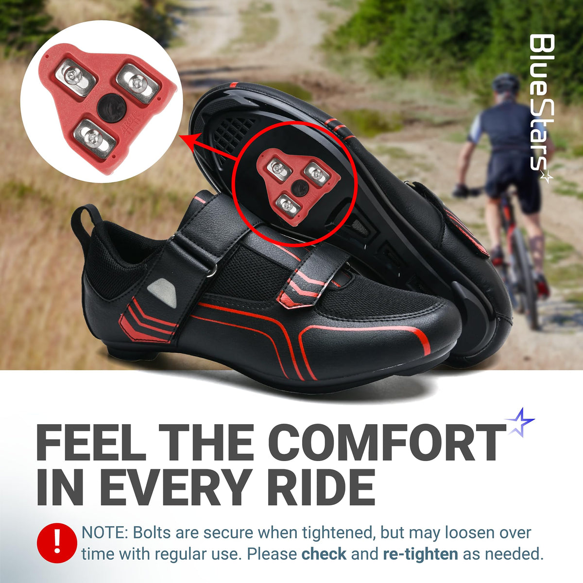 Red 9-degree float bike cleat for Look Delta and Peloton pedals installed on a cycling shoe.