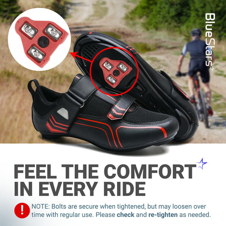 Red 9-degree float bike cleat for Look Delta and Peloton pedals installed on a cycling shoe.