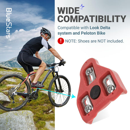 Close-up of a red 9-degree float bike cleat compatible with Look Delta and Peloton pedals.