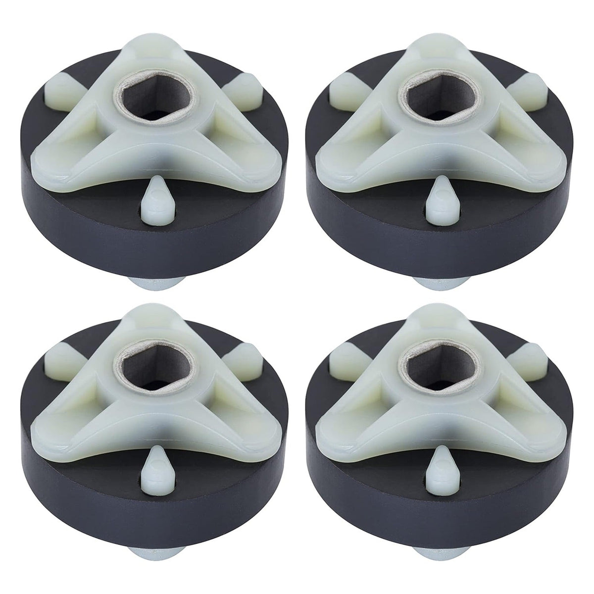 Set of four direct drive motor couplings with metal cores for Whirlpool and Kenmore washing machines.