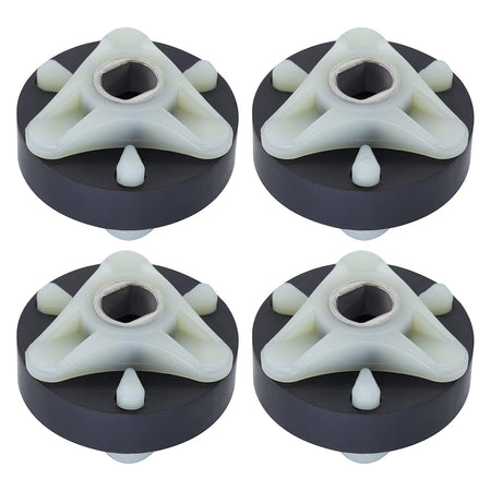 Set of four direct drive motor couplings with metal cores for Whirlpool and Kenmore washing machines.