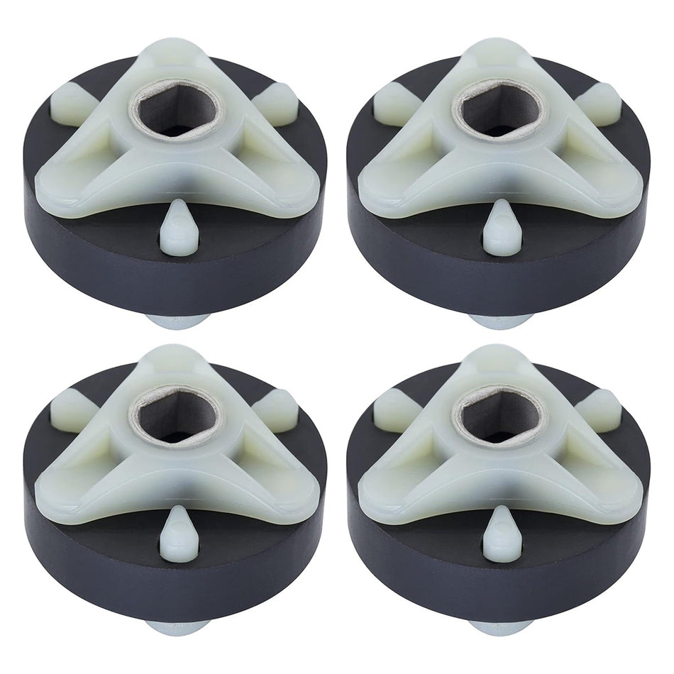 Set of four direct drive motor couplings with metal cores for Whirlpool and Kenmore washing machines.