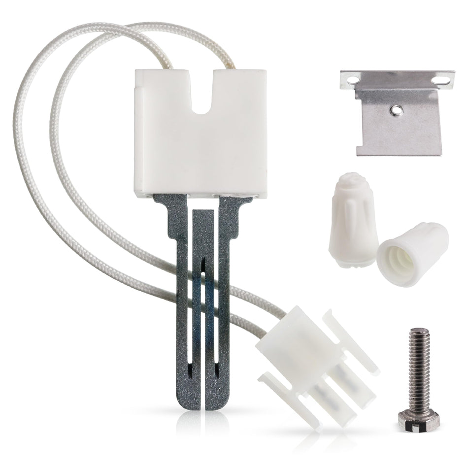 B1401018 furnace hot surface igniter kit with mounting bracket, wire nuts, and screw for Goodman and Amana furnaces.