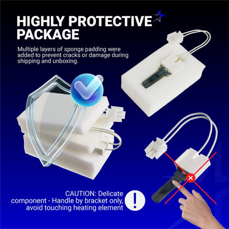B1401018 furnace igniter shown in protective sponge packaging with handling instructions.