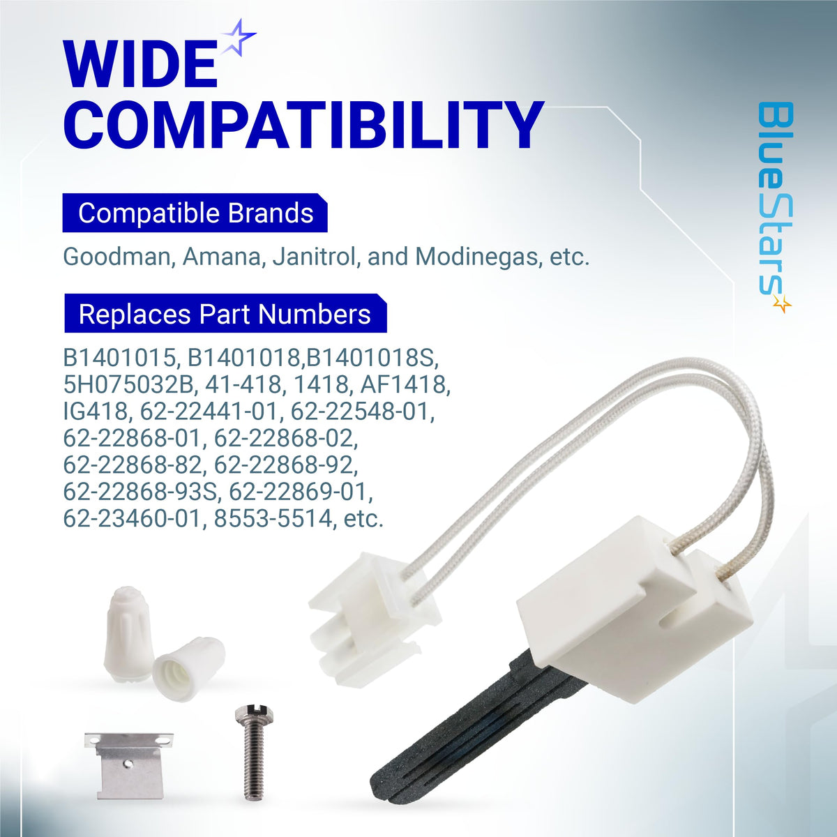 B1401018 furnace igniter kit with mounting hardware and compatibility information chart.