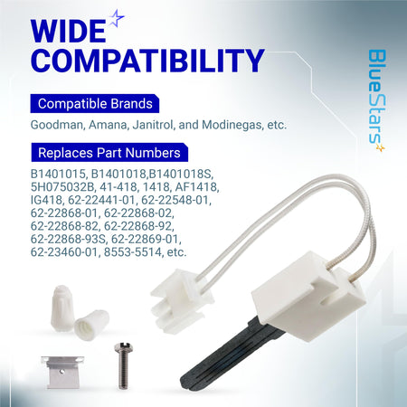 B1401018 furnace igniter kit with mounting hardware and compatibility information chart.