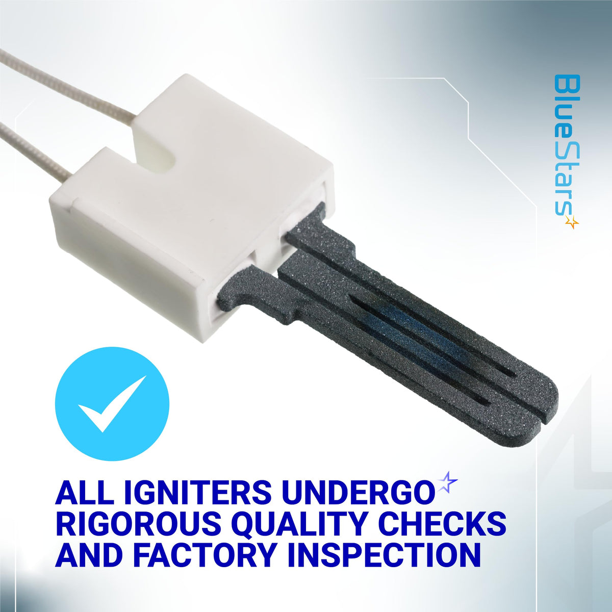 B1401018 furnace hot surface igniter with white ceramic base and quality check graphic.