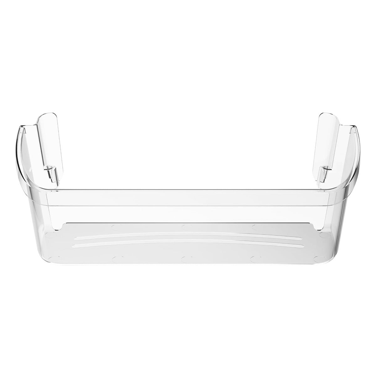 242126602 refrigerator door shelf bin, clear shelf bin shown from the front