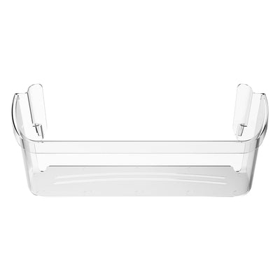 242126602 refrigerator door shelf bin, clear shelf bin shown from the front