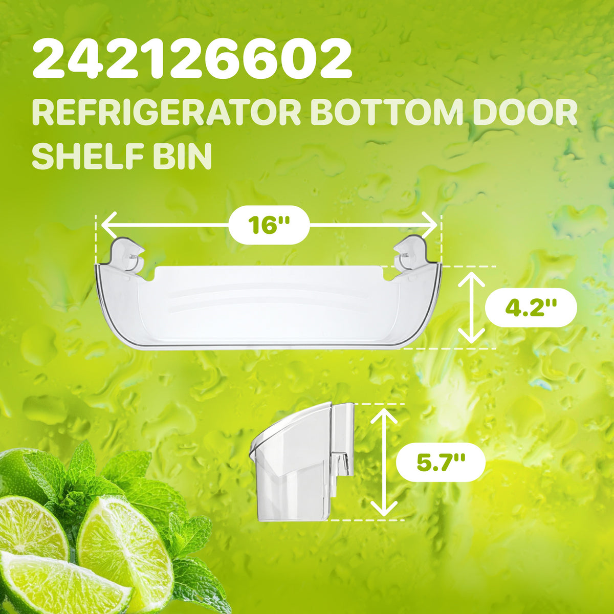 242126602 Refrigerator Clear Door Shelf Bin, dimension diagram showing 16 x 4.2 x 5.7 inches