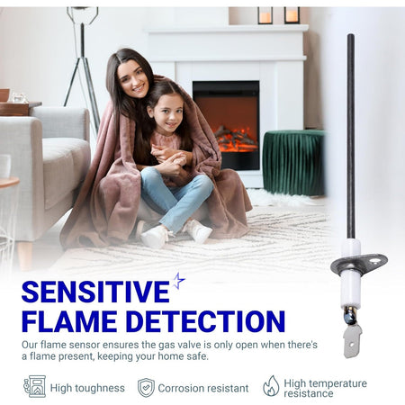 52W29 furnace flame sensor close-up with text overlay highlighting sensitive flame detection and safety features.