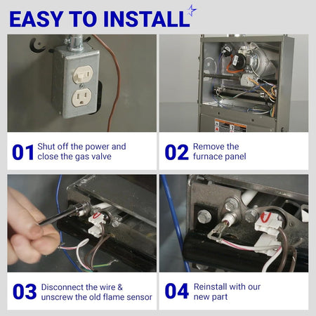 Installation guide showing steps to replace a 52W29 furnace flame sensor.