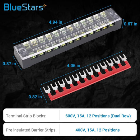 12-position 600V 15A terminal strip block with cover and 12-position 400V 15A pre-insulated barrier strip with dimensions.