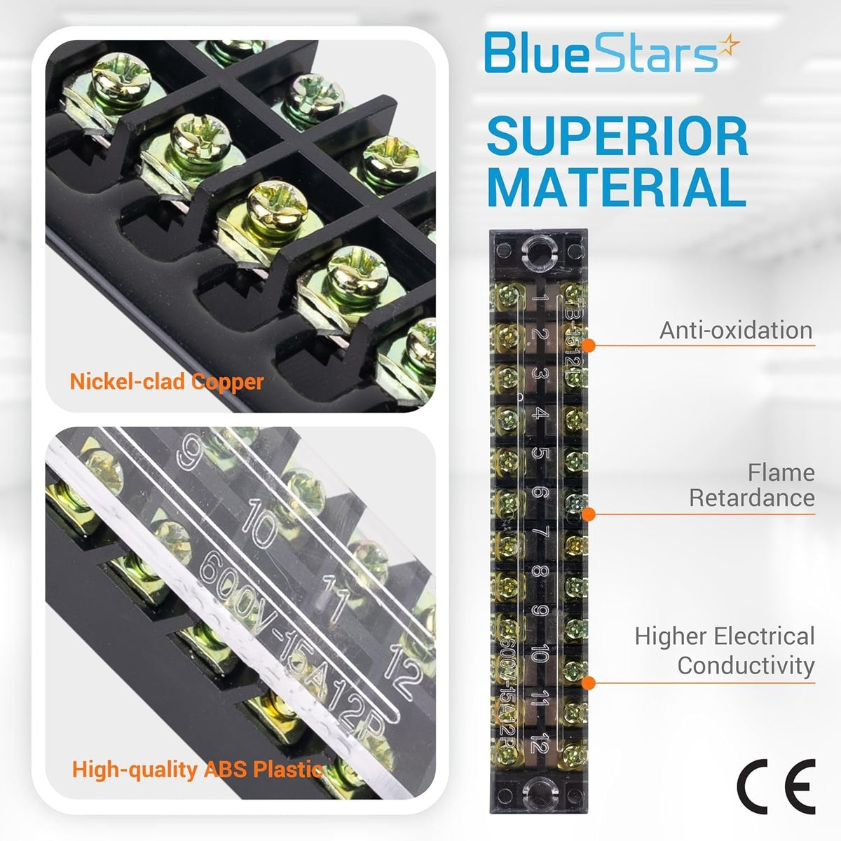 Close-up of 12-position 600V 15A terminal strip block showing nickel-clad copper screws and ABS plastic construction.